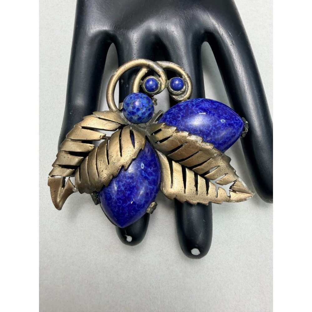 Vintage Artisan NY Lapis Lazuli Leaf Brooch Large Blue Stone Statement